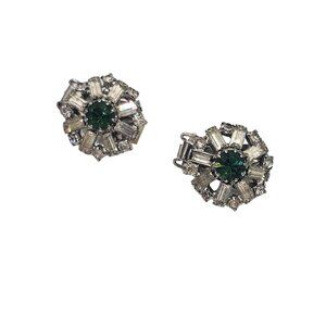 Vintage Hobe Silver Clip-On Earrings With Green & Clear Baguette Rhinestones